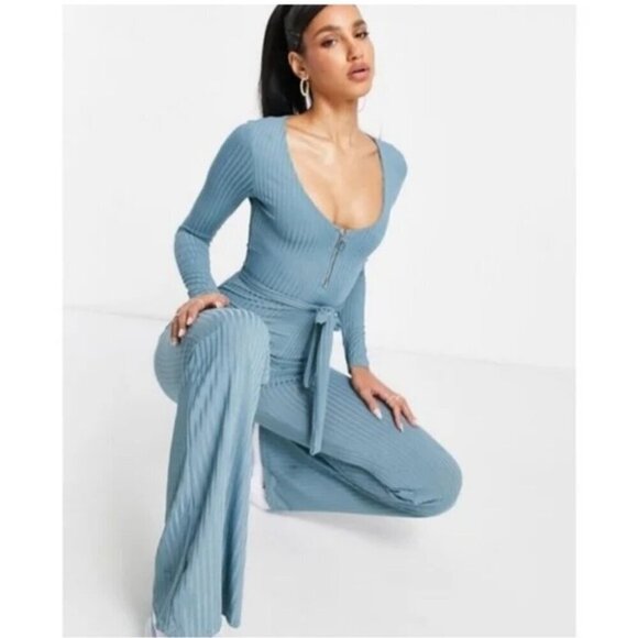 Club L London ASOS Jumpsuit Romper Plunge Zipfront Wide Leg Rib Knit Blue 4 - Picture 1 of 9